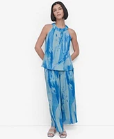 Dkny Womens Printed Plisse Sleeveless Blouse Pull On Pants