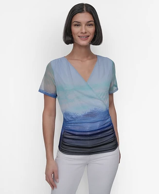 Dkny Women's Printed Mesh Surplice Top