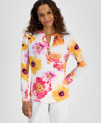 I.n.c. International Concepts Petite Floral Henley Top, Exclusively at Macy's