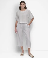 Dkny Women's Cropped Short-Sleeve Studded Linen Top
