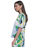 Karl Lagerfeld Women's Printed Puff-Sleeve Button-Front Top