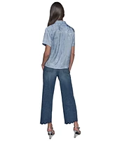 Karl Lagerfeld Paris Women's Short Sleeve Jacquard Button Front Top