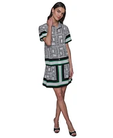 Karl Lagerfeld Paris Women's Border Printed Short Sleeve Button-Front Top