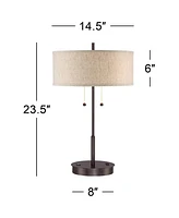 Nikola Modern Accent Table Lamp with Usb and Ac Power Outlet in Base 23 1/2" High Bronze Fabric Drum Shade for Bedroom Living Room House Desk Bedside