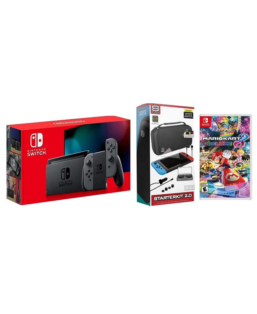 Nintendo Switch 32GB Console Gray Joy-Con Bundle with Surge 11-In-1 Accessory Starter Pack and Mario Kart 8 Deluxe