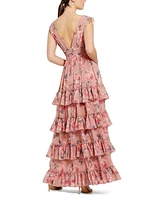 Mac Duggal Women's Drawstring Shoulder Floral Chiffon Tiered Gown