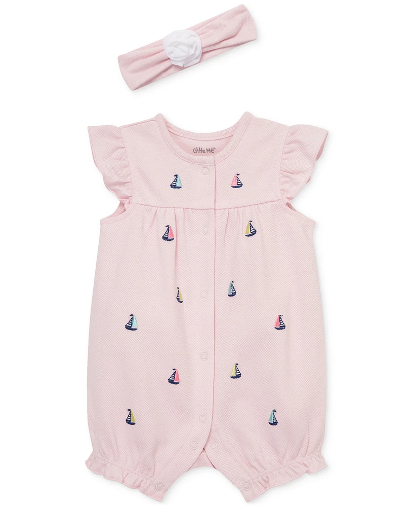 Little Me Baby Girls 2-Pc. Embroidered Sailboat Romper & Headband Set