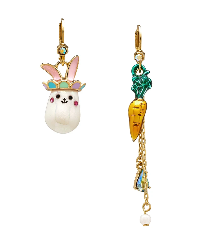 Betsey Johnson Cultivated Pearl Critters Bunny Carrot Mismatch Earrings