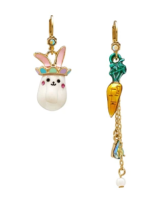 Betsey Johnson Cultivated Pearl Critters Bunny Carrot Mismatch Earrings