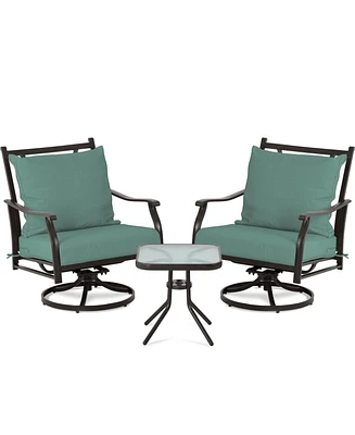 Aoodor Outdoor Swivel Chair Set - 3-Piece Patio Furniture Set with Two 360-Degree Swivel Chairs, Glass Table, and Two Thick Cushions with Backrests