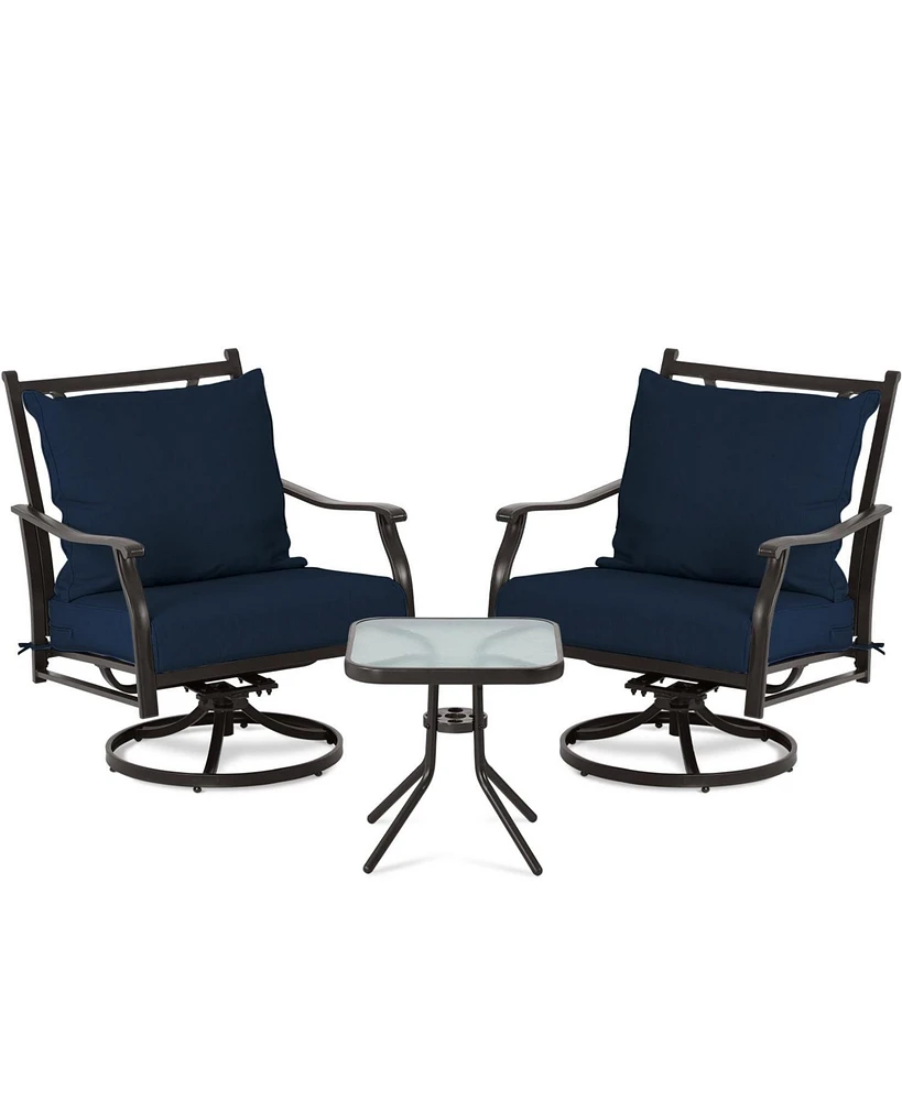 Aoodor Outdoor Swivel Chair Set - 3-Piece Patio Furniture with Two 360-Degree Chairs, Glass Table, and Thick Cushions Backrests