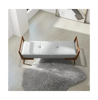 Mid-Century Modern Gray Upholstered Bench, Tufted Fabric Seat with Walnut Wood Frame-The Pop Home