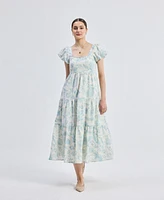 Reistor Women's Puff Sleeve Tiered Maxi Dress Blue Florals