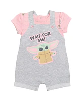 Star Wars Baby Girls Yoda French Terry Snap Short Overalls T-Shirt and Headband 3 Piece Outfit Set