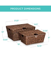 Best Choice Products Set of 2 Xl Water Hyacinth Woven Tapered Storage Basket Chests w/ Attached Lid, Handle Hole