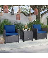 Gymax 3PCS Patio Outdoor Rattan Conversation Set Garden Yard w/ Cushion