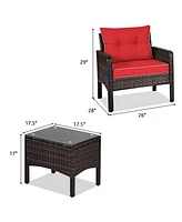Gymax 3PCS Outdoor Patio Rattan Furniture Set w/ Coffee Table Cushion