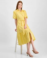 T Tahari Women's Puff-Sleeve Belted Tiered Shirtdress