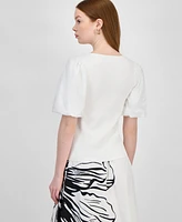 T Tahari Women's Mixed-Media Square-Neck Puff-Sleeve Top
