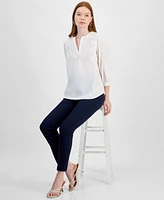 T Tahari Women's Lace-Trim Split-Neck 3/4-Sleeve Top