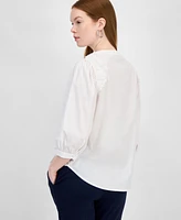 T Tahari Women's Lace-Trim Split-Neck 3/4-Sleeve Top