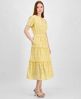 T Tahari Women's Cotton Eyelet Tiered Midi Dress