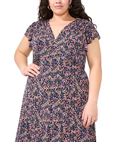 Msk Plus Floral-Print Flutter-Sleeve Midi Dress