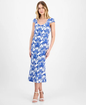 Anne Klein Printed Sweetheart-Neck Short-Sleeve Midi Dress
