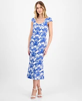 Anne Klein Printed Sweetheart-Neck Short-Sleeve Midi Dress