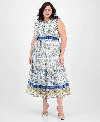 Anne Klein Plus Printed Smocked-Waist Patio Shirtdress