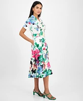 Tahari Women's Collared Short-Sleeve Midi Shirtdress