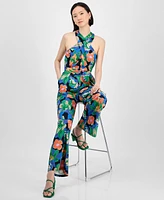 Tahari Petite Floral-Print Tie-Belt Crossover-Neck Jumpsuit