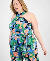 Tahari Plus Twist Halter-Neck Jersey Jumpsuit