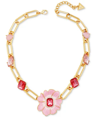 Guess Gold-Tone Enamel & Stone Pink Blossom Statement Necklace, 18" + 2" extender