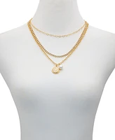 Guess Gold-Tone Imitation Pearl & Logo Three Layered Pendant Necklace, 17" + 2" extender