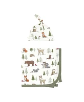 Hudson Baby Baby Boys Hudson Gown, Swaddle Blanket and Cap or Headband, Forest Animals, 0-6 Months