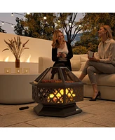 Outsunny 28" Outdoor Fire Pit with Grill Poker Wood Burning Firepit,