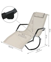 Rocking Chaise Lounge Chair with Headrest Pillow, Outdoor Folding Patio Lounger, Beige, Set of 2