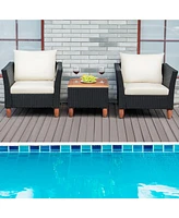 Gymax 3PCS Patio Conversation Furniture Set w/ Wooden Table Top & Feet Cushions