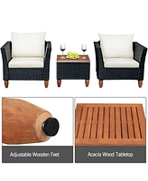 Gymax 3PCS Patio Conversation Furniture Set w/ Wooden Table Top & Feet Cushions