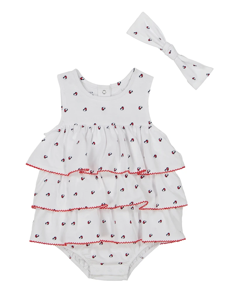 Tommy Hilfiger Baby Girls 2-Piece Logo Print Pique Sunsuit and Headband Set