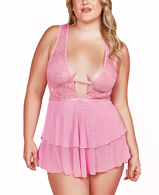 Hauty Plus Lace Plunge Neck Babydoll and Panty 2 Pc Lingerie Set