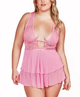 Hauty Plus Lace Plunge Neck Babydoll and Panty 2 Pc Lingerie Set