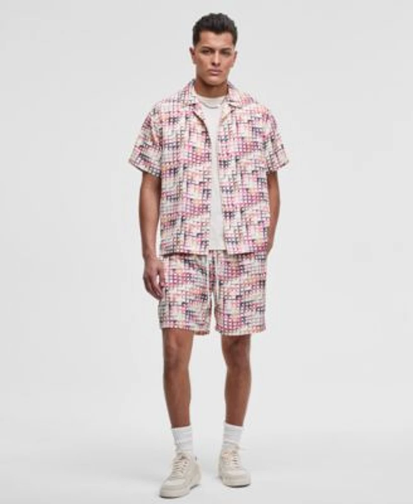 Mode Of One Mens Squared Up Relaxed Fit Geo Print Button Down Shiny Twill Camp Shirt Relaxed Fit Geo Print 6 1 2 Shiny Twill Shorts Exclusively At Macys