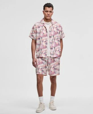 Mode Of One Mens Squared Up Relaxed Fit Geo Print Button Down Shiny Twill Camp Shirt Relaxed Fit Geo Print 6 1 2 Shiny Twill Shorts Exclusively At Macys
