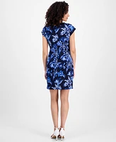 Connected Petite Printed Short-Sleeve Faux-Wrap Sheath Dress
