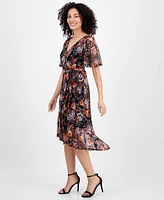 Connected Petite Printed Mesh High-Low Faux-Wrap Dress