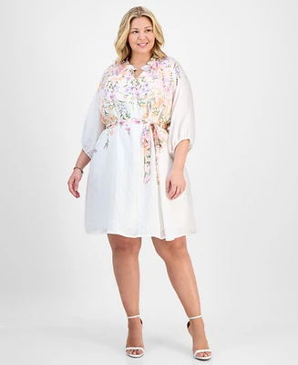 Sandra Darren Plus Placed-Floral Tie-Waist Shift Dress