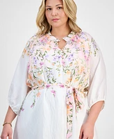 Sandra Darren Plus Placed-Floral Tie-Waist Shift Dress