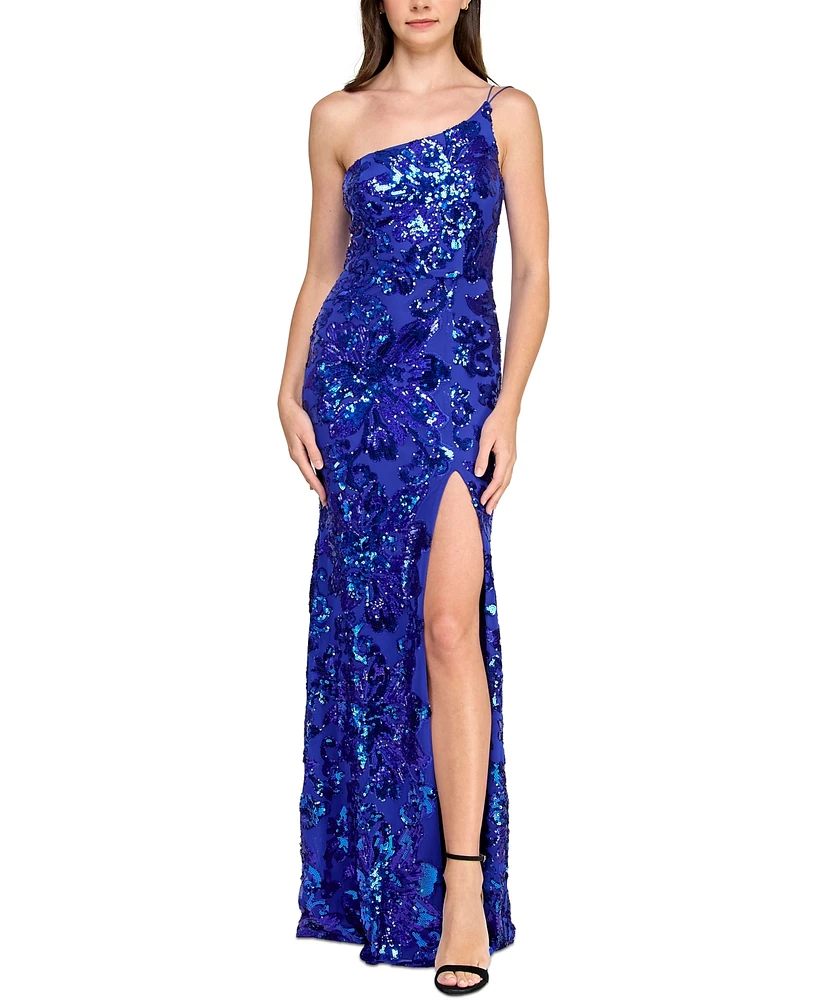 Crystal Doll Juniors' One-Shoulder Floral-Sequin Gown